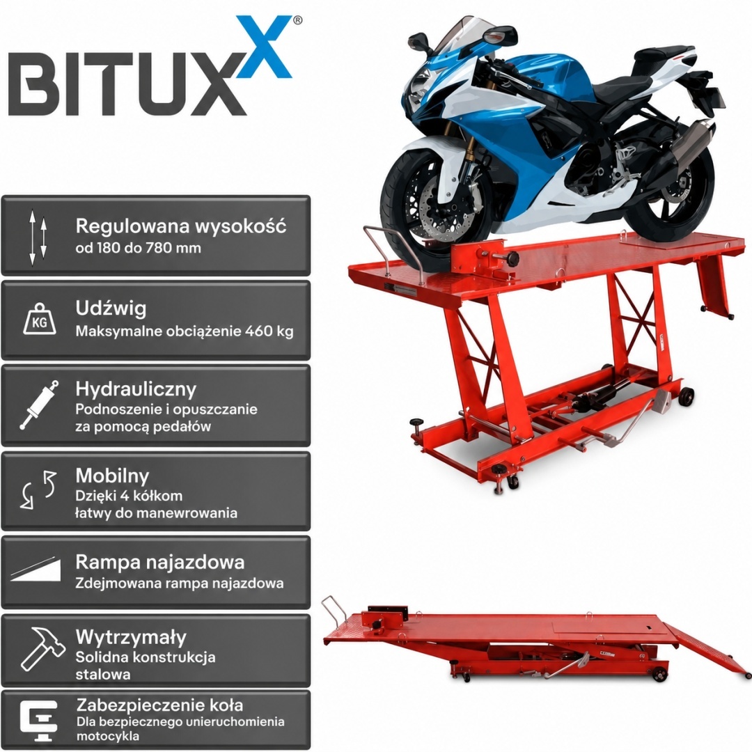 Hydraulický motocyklový zvedák Bituxx 460 kg červený, servisní rampa MS19721